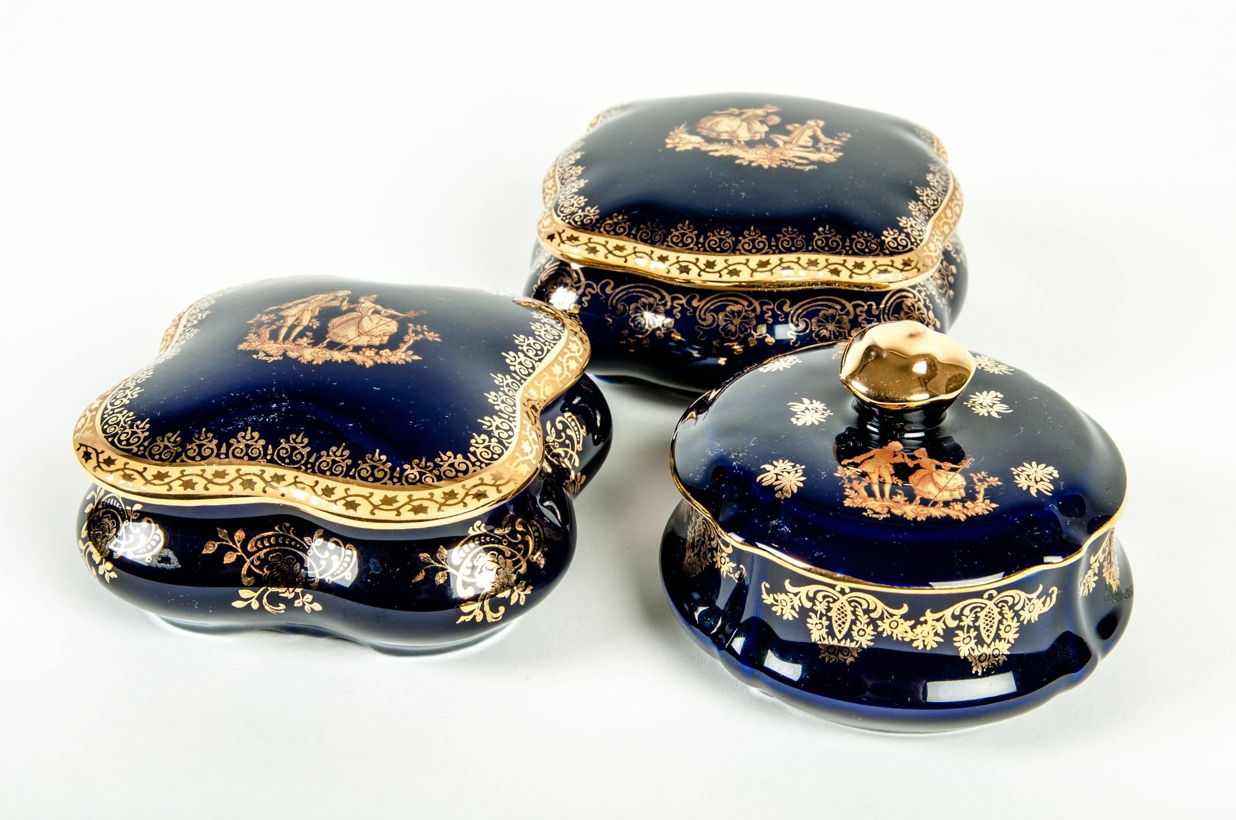 Antique Limoges France porcelain three pieces cobalt / 24-karat gold vanity set. Large square piece measure 4.5