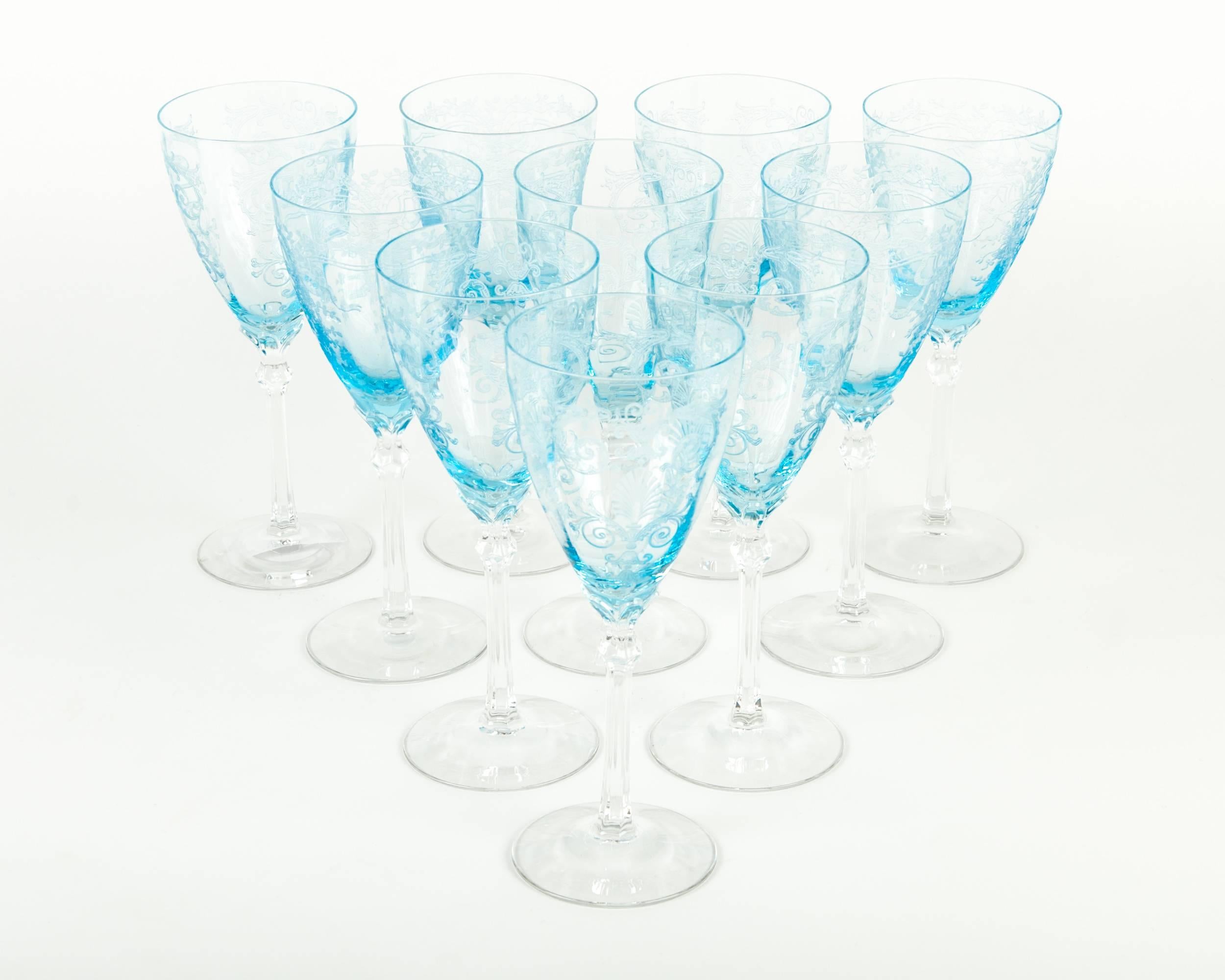 Vintage crystal ice blue Versailles wine glass set of ten. Each glass measure 8.5 inches high X 3.5 diameter.