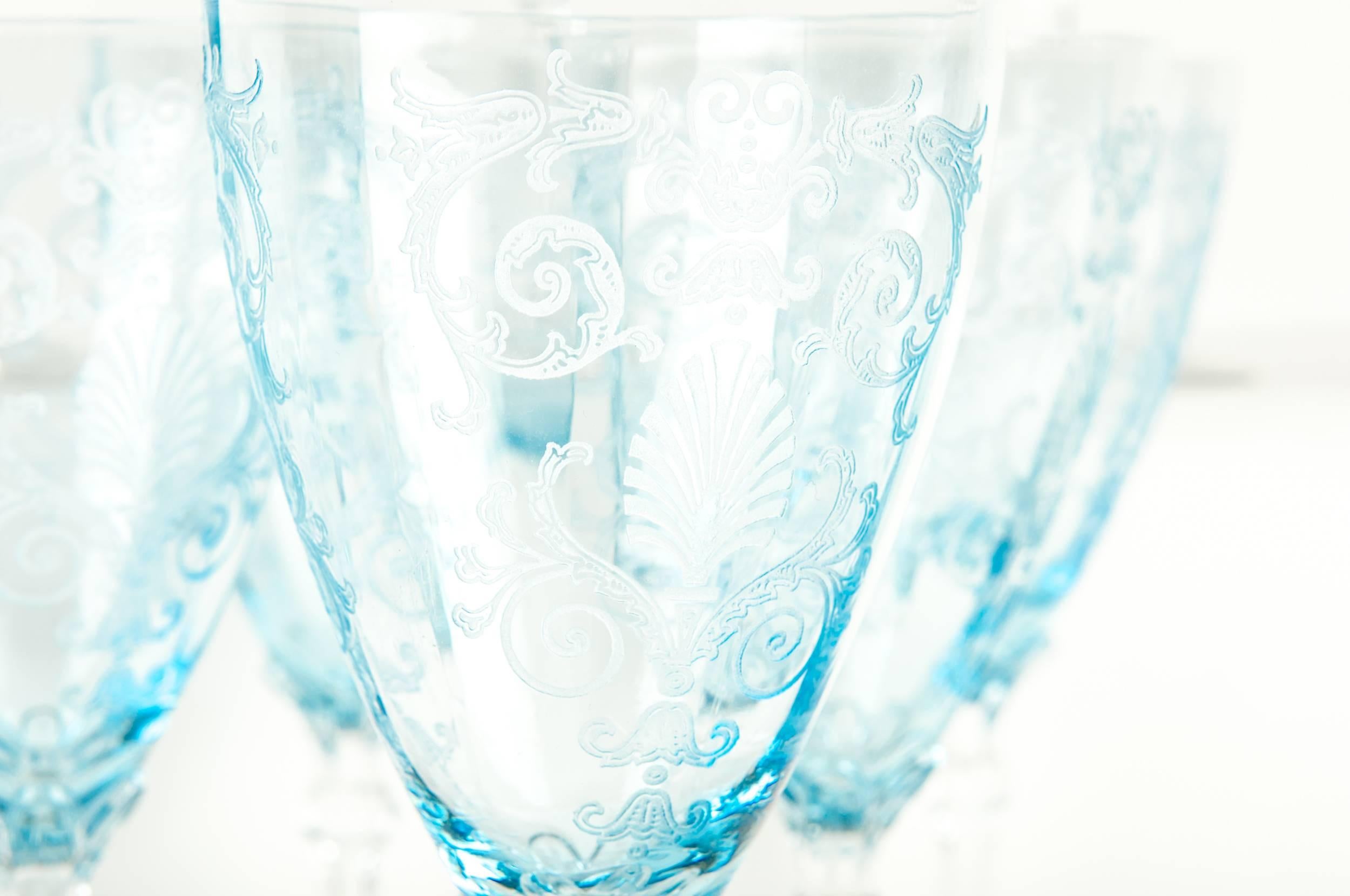 Ten Vintage Crystal Ice Blue Versailles Wine Glass Set In Excellent Condition In Tarry Town, NY