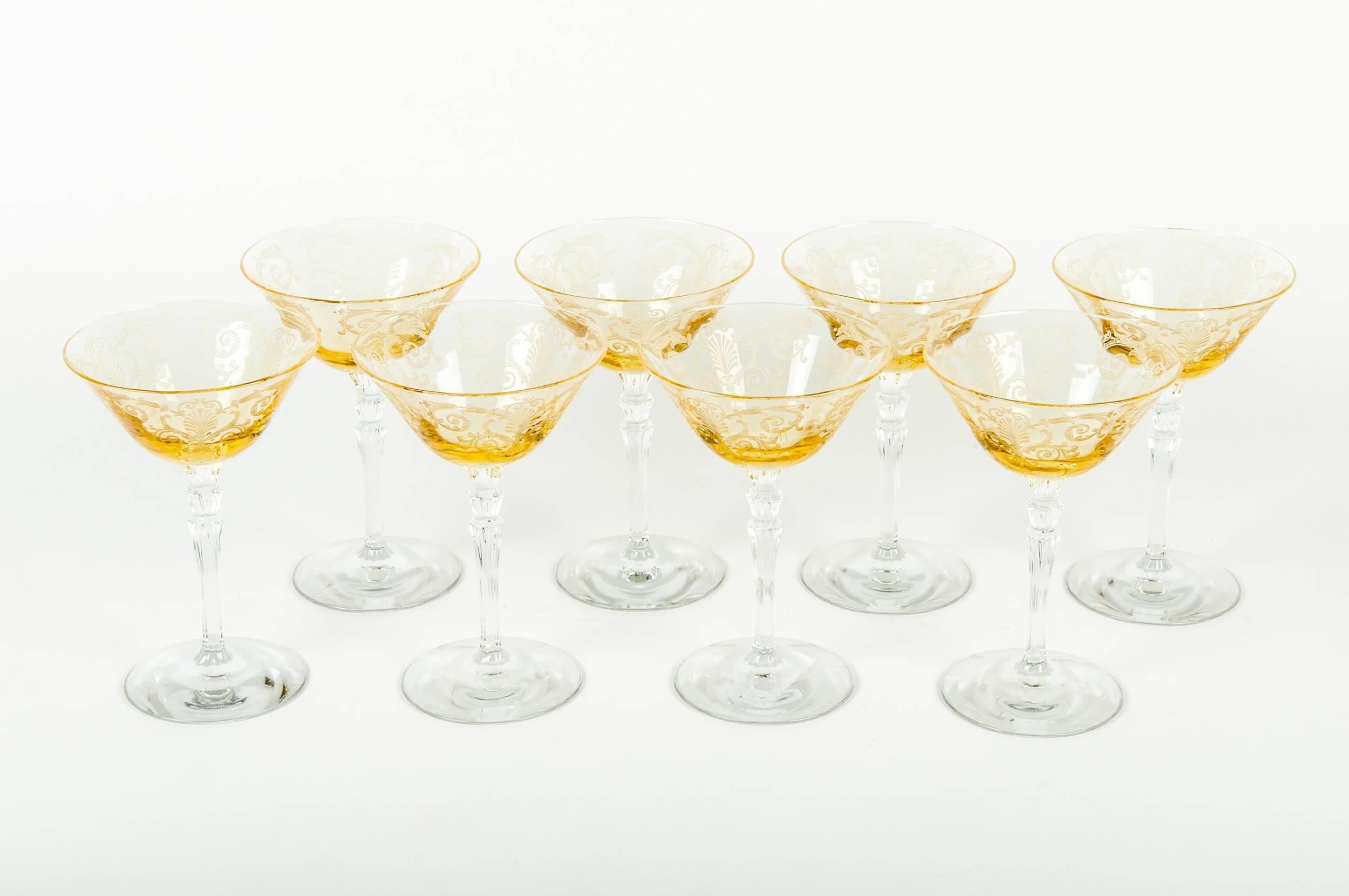 Vintage set of eight etched crystal Versailles amber champagne coupe with clear stem. Each coupe measure 6 inches high x 4 inches diameter.