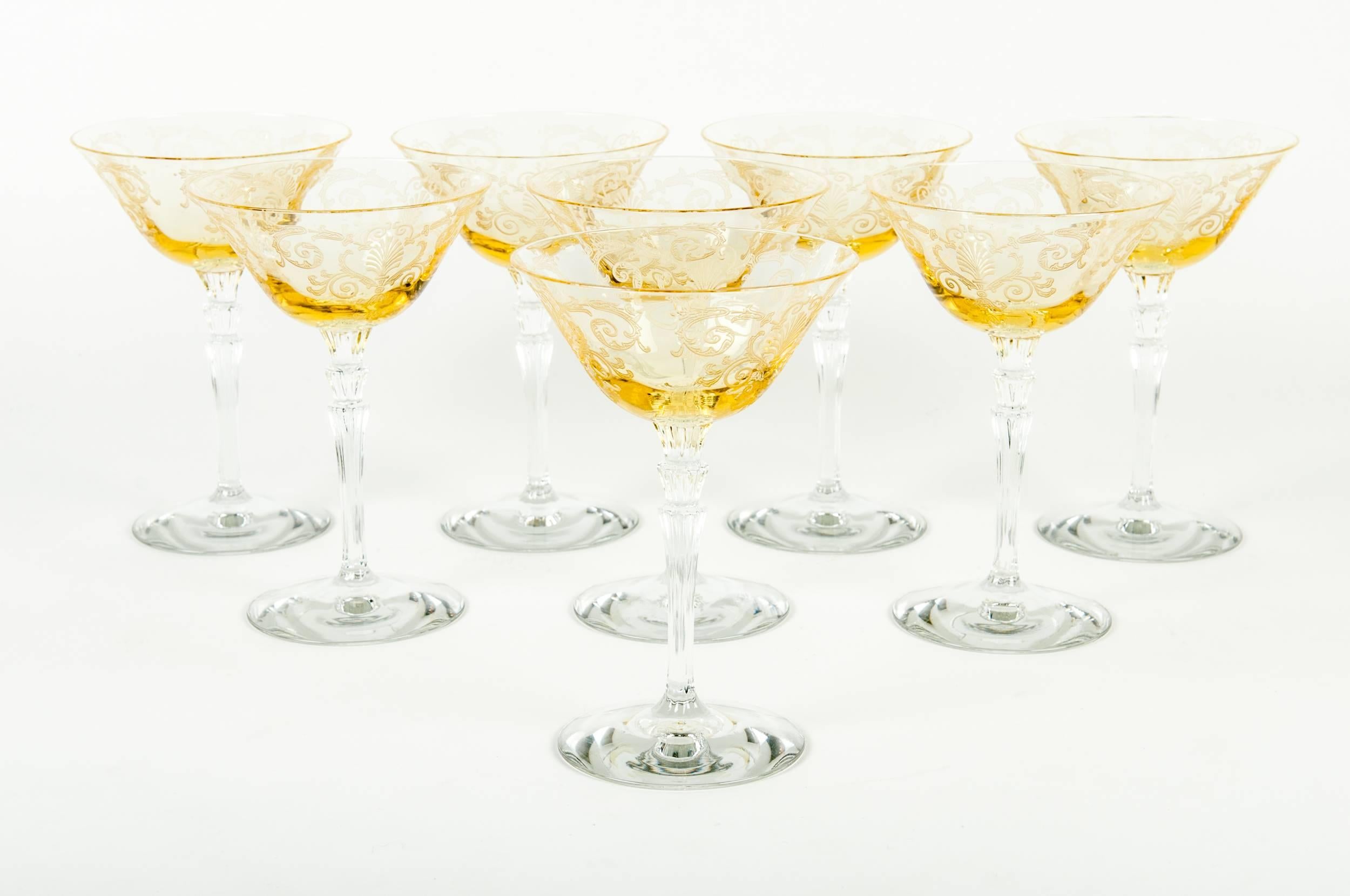 European Vintage Set of Eight Etched Crystal Amber Champagne Coupe