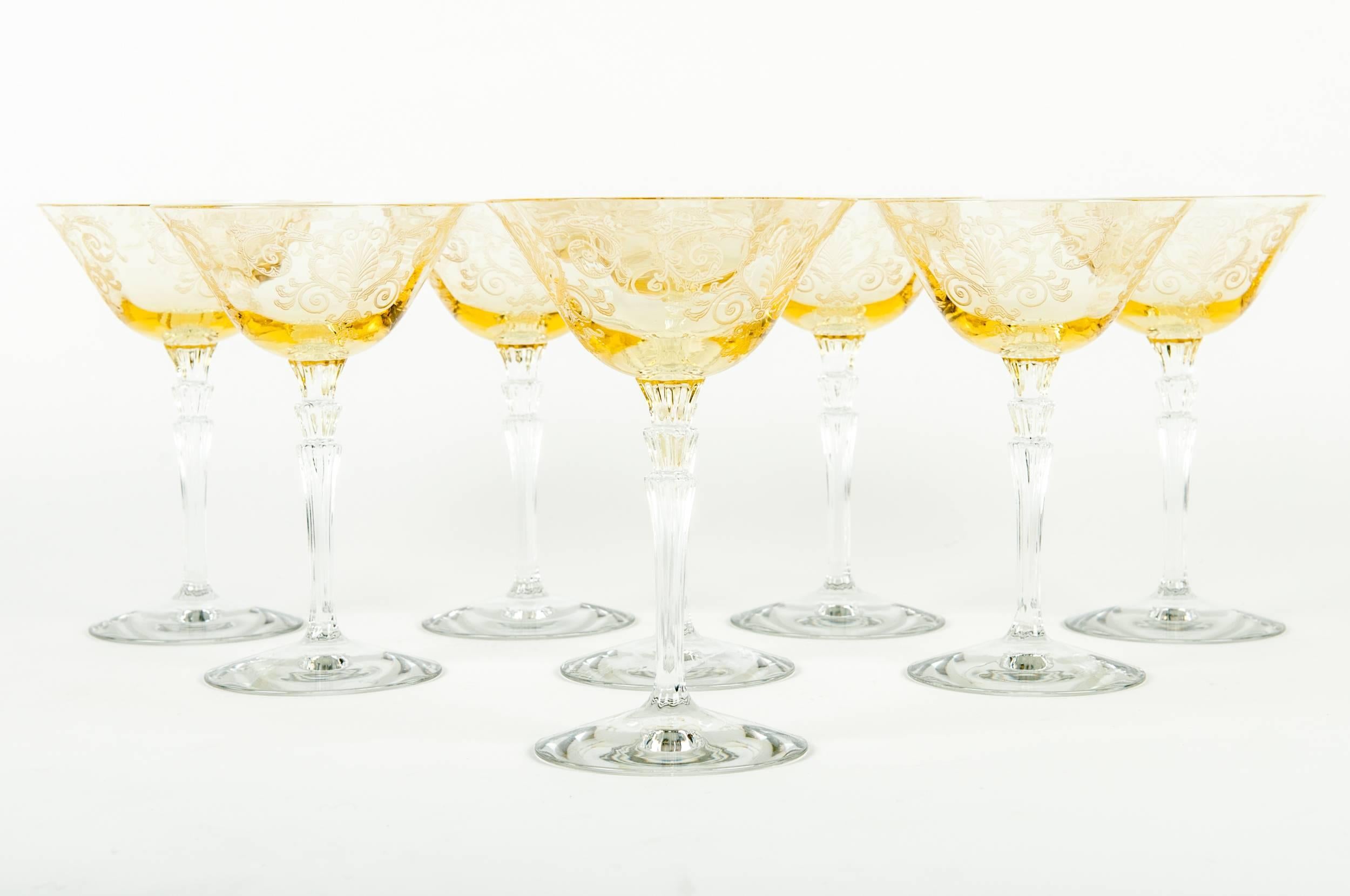 Vintage Set of Eight Etched Crystal Amber Champagne Coupe In Excellent Condition In Tarry Town, NY