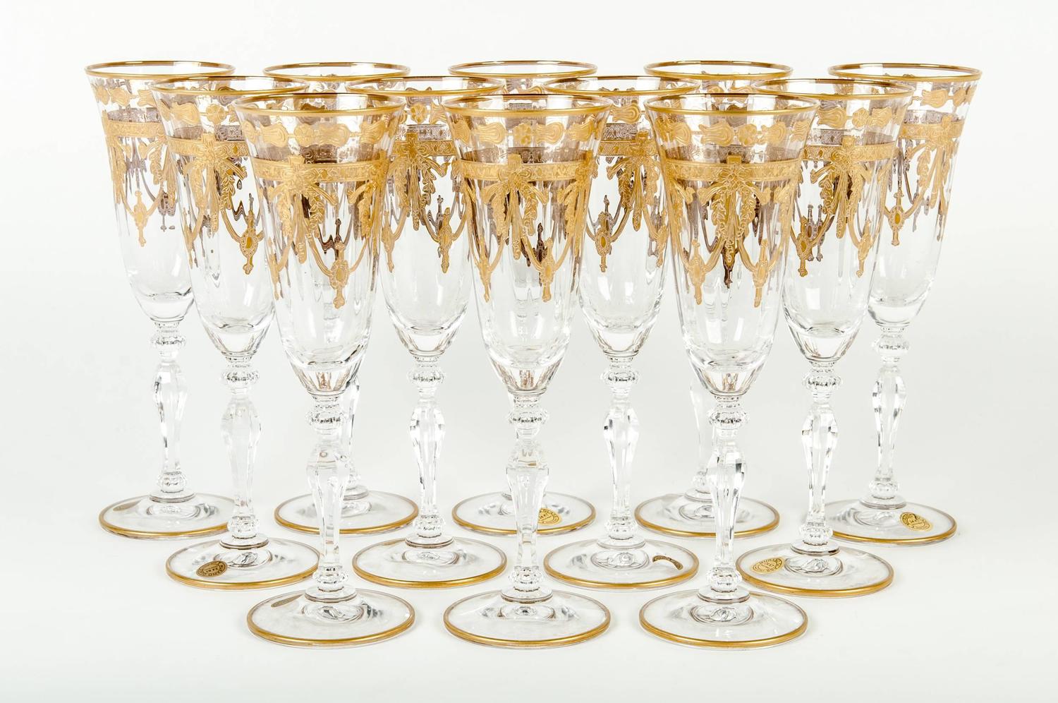 Murano Crystal Champagne Flute with 24Karat Gold Design at 1stdibs