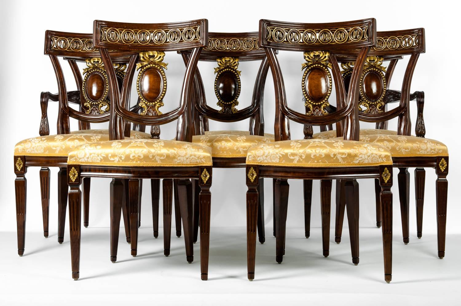 Italian Vintage European Mahogany Wood Eight Dining Chairs
