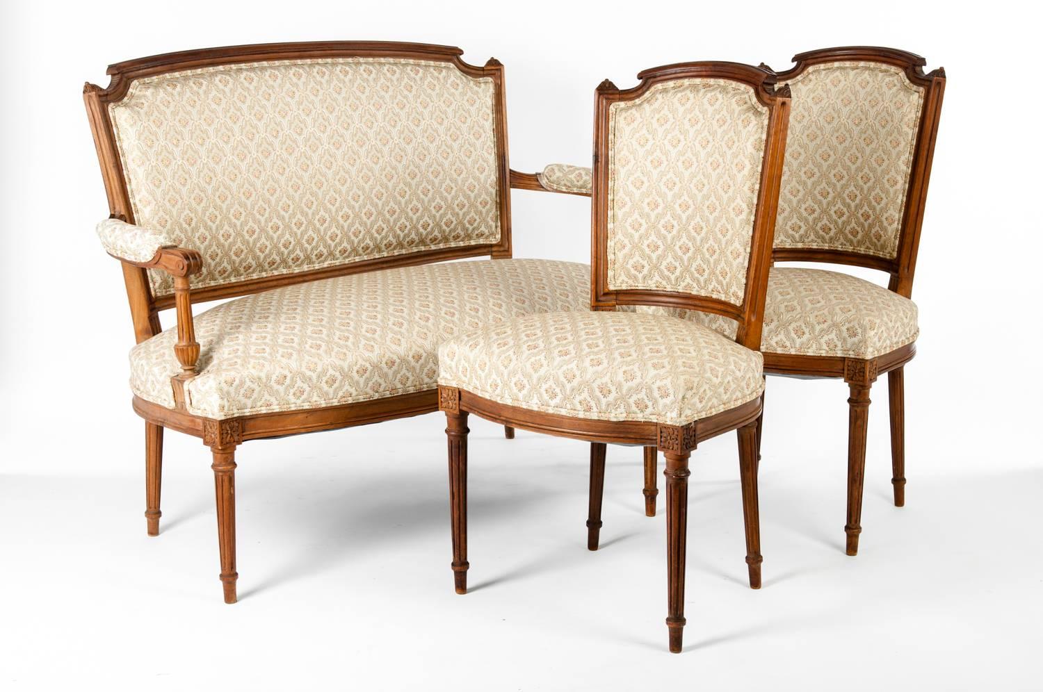Vintage French settee with two side chairs. Excellent condition. The settee measures 49 inches depth x 35.5 inches high x 22 inches width x 18 inches seat high. Each chair measures 36 inches high x 20 inches depth x 18 inches seat high.