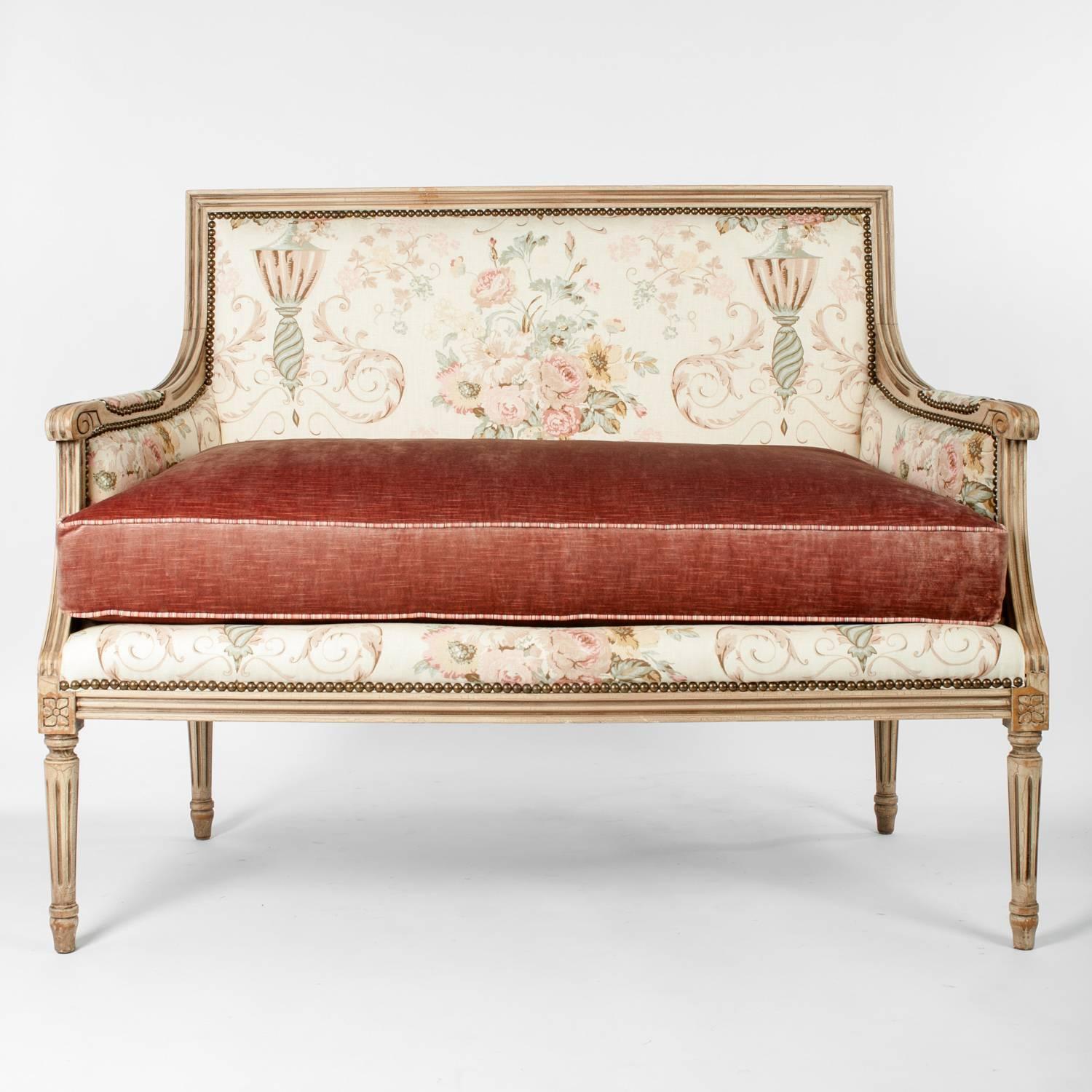 Vintage French settee with down cushion. The Seat is Upholstered in Mohair fabric, the back of the seat is Cotton Damask, the frame is painted Maple wood. Excellent vintage condition. The settee measure 46 inches length X 37.5 inches high X 22