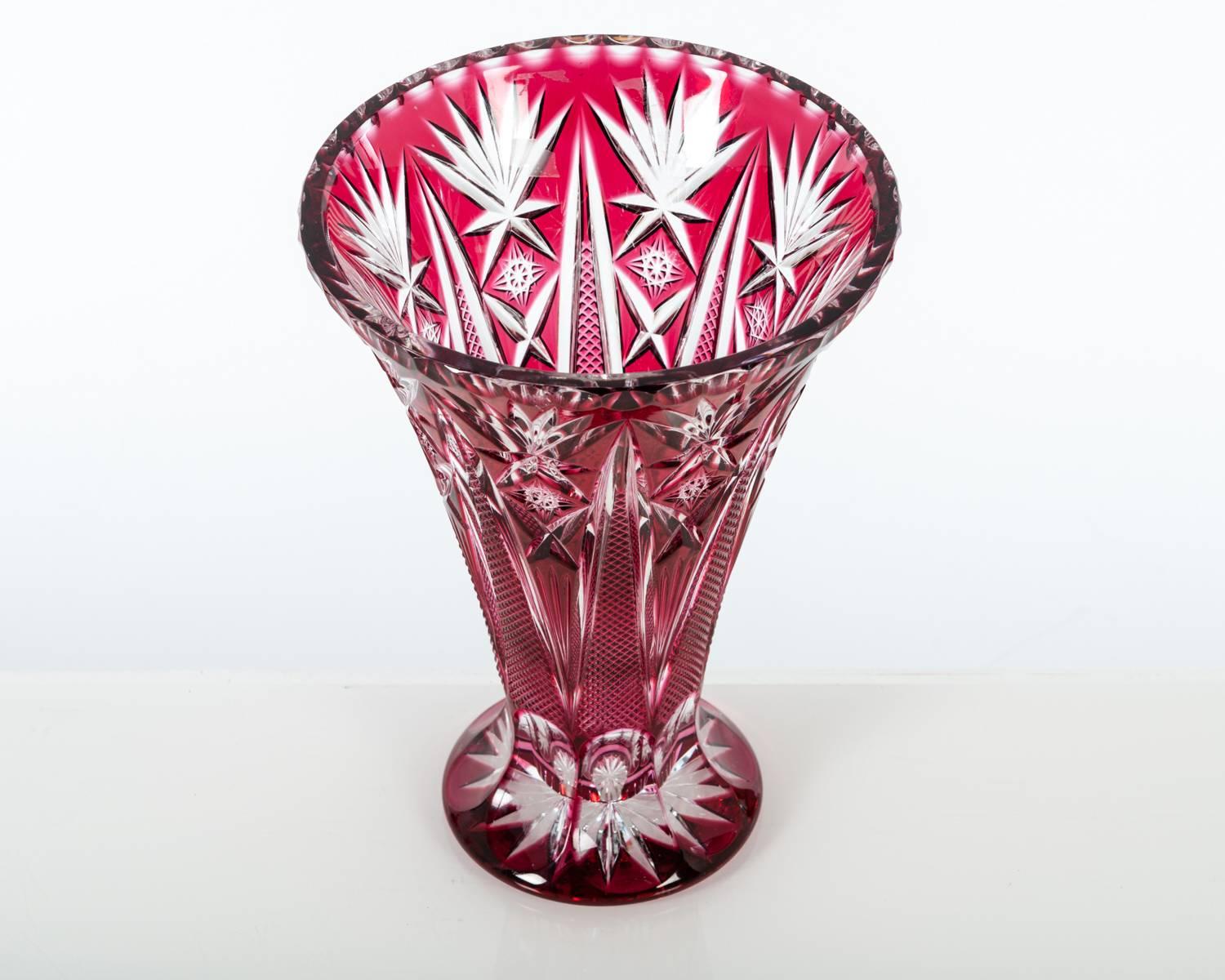 French Vintage Cranberry Crystal Cut Vase