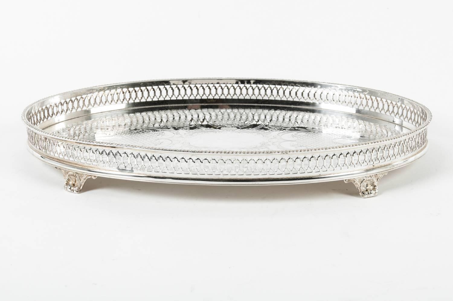 Vintage Oval English Silver Plate Footed Tray at 1stdibs