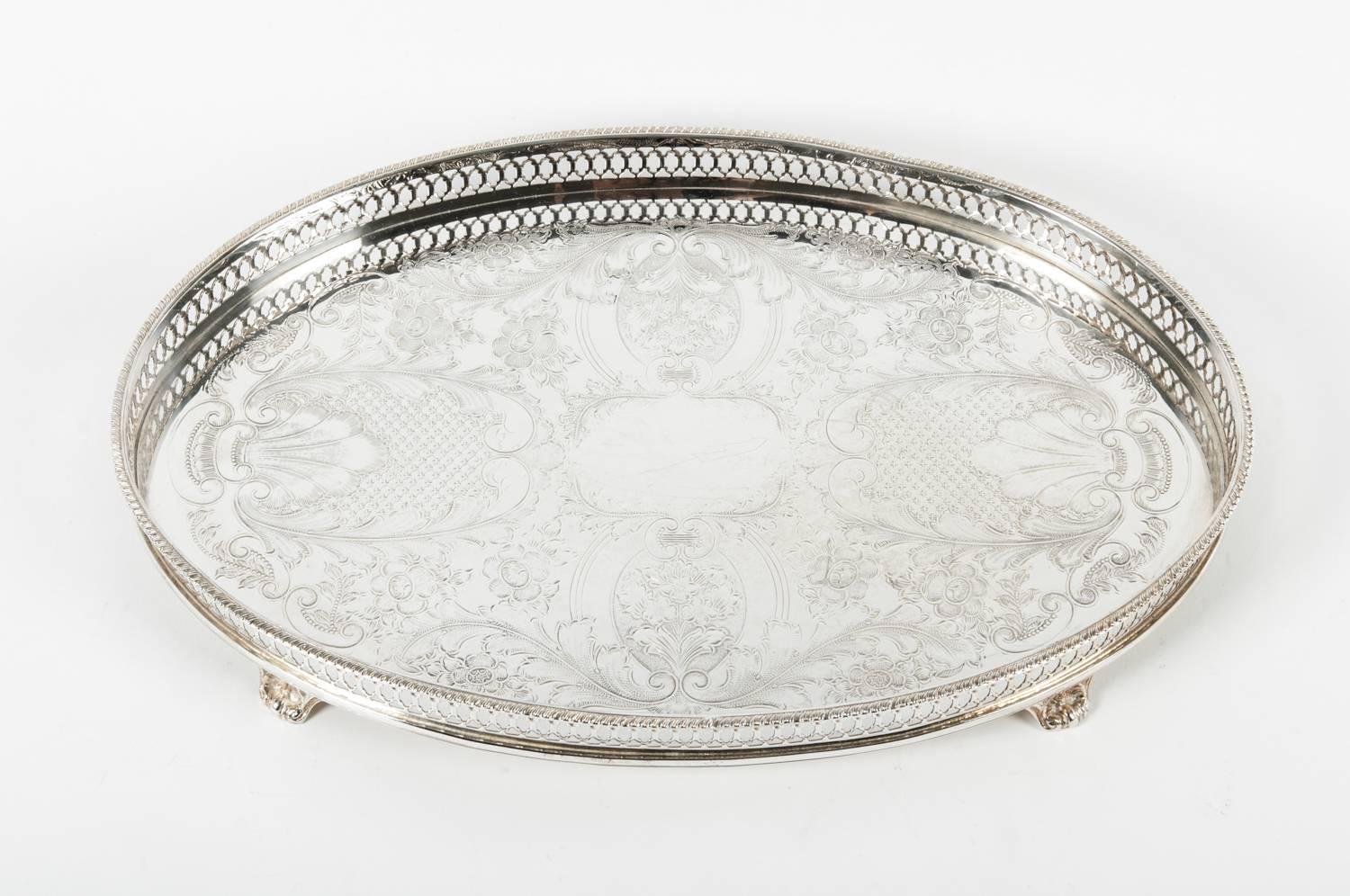 Vintage Oval English Silver Plate Footed Tray at 1stdibs