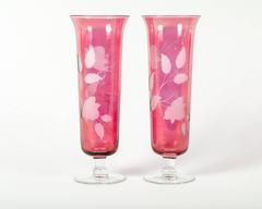 Vintage Etched Crystal Cranberry Pair of Decorative Vases