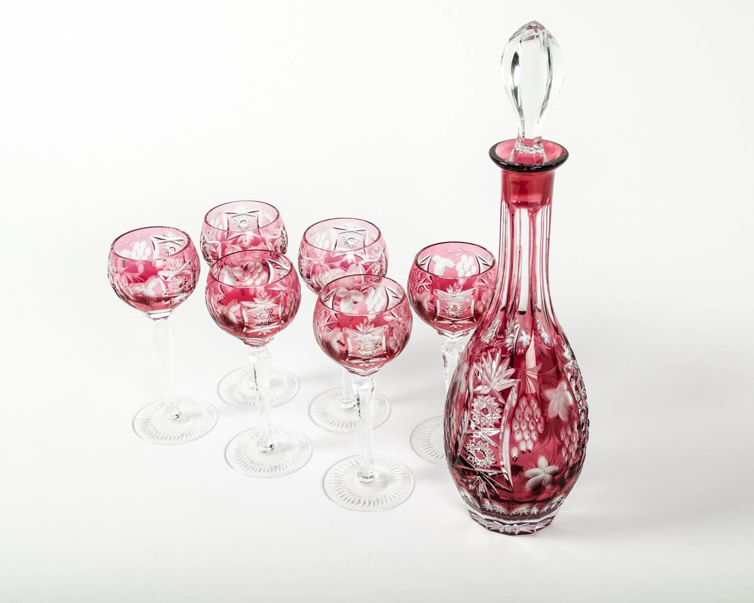 Antique Baccarat Cut Crystal Cranberry Wine Decanter Set at 1stdibs