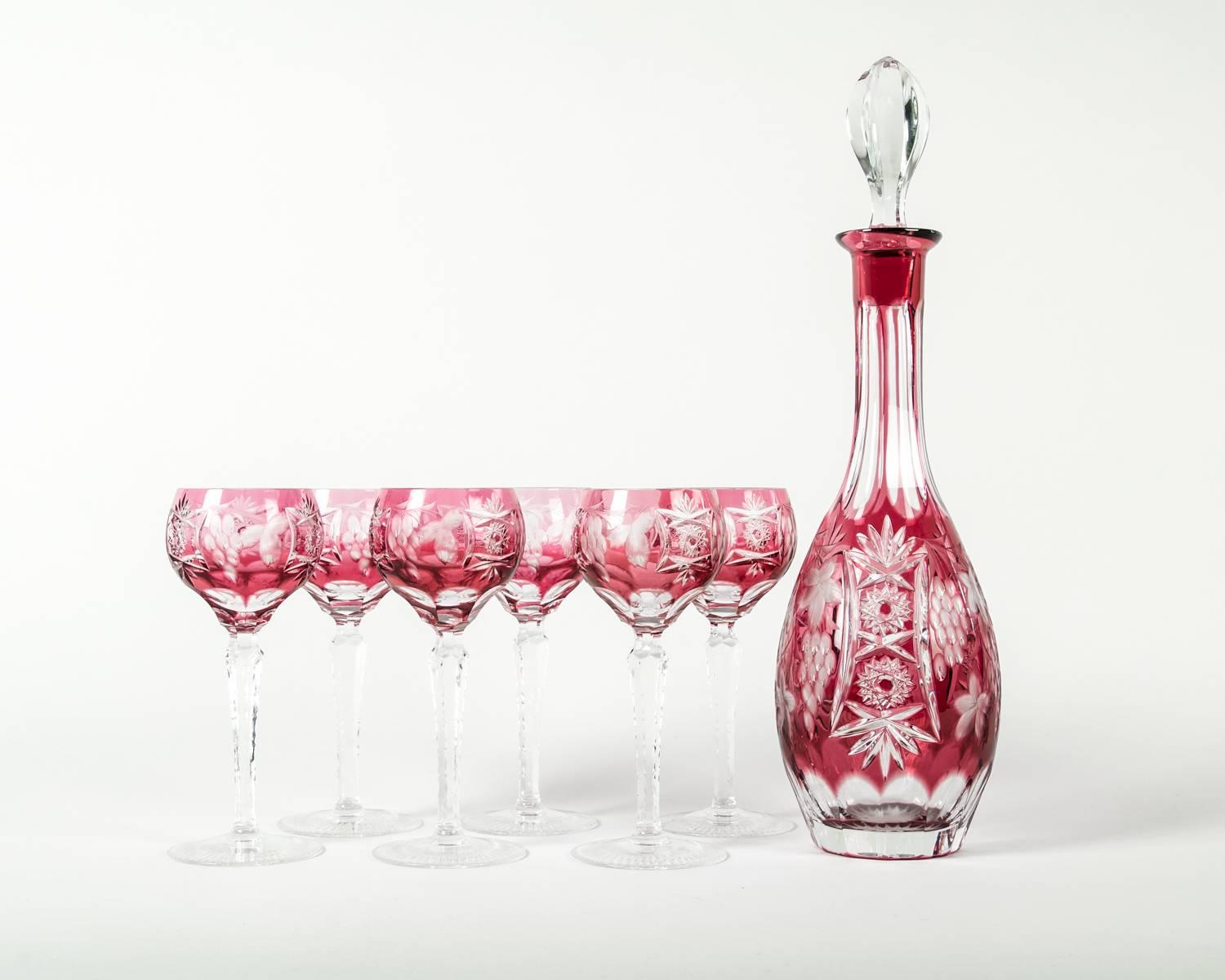 French Antique Baccarat Cut Crystal Cranberry Wine Decanter Set