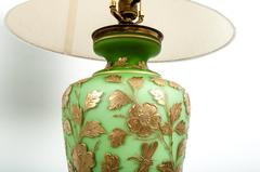 Vintage Pair of European Glass Lamps with Gold Floral and Butterflies Design