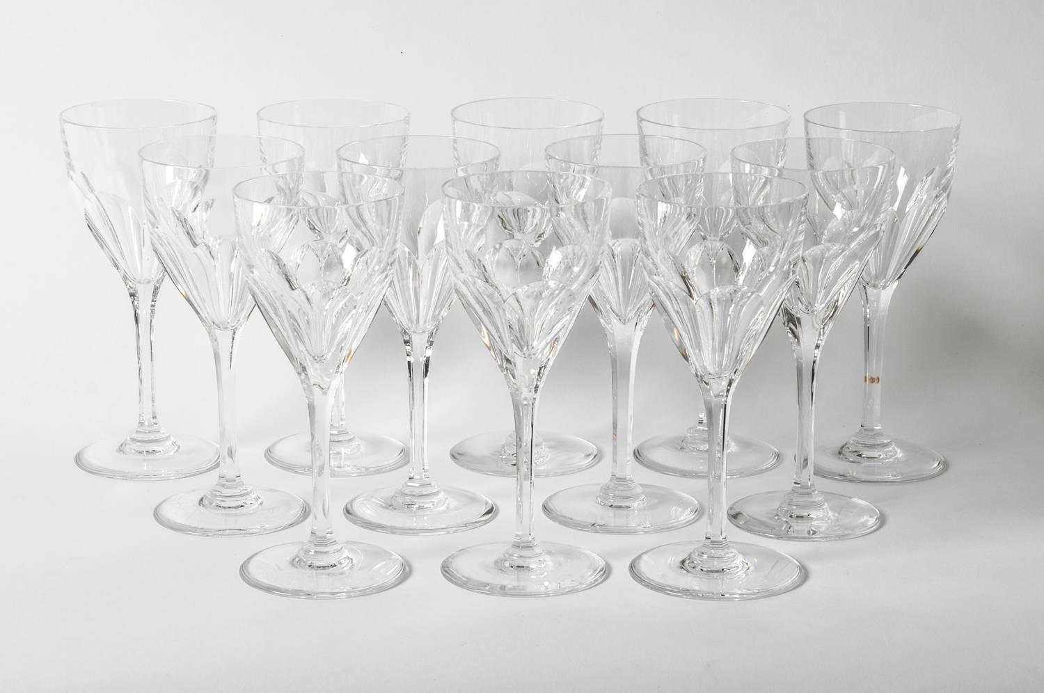 Vintage set of 12 Saint Louis crystal wine water glassware. Excellent condition. Each glass measures 7.5 inches high x 3.2 inches diameter.