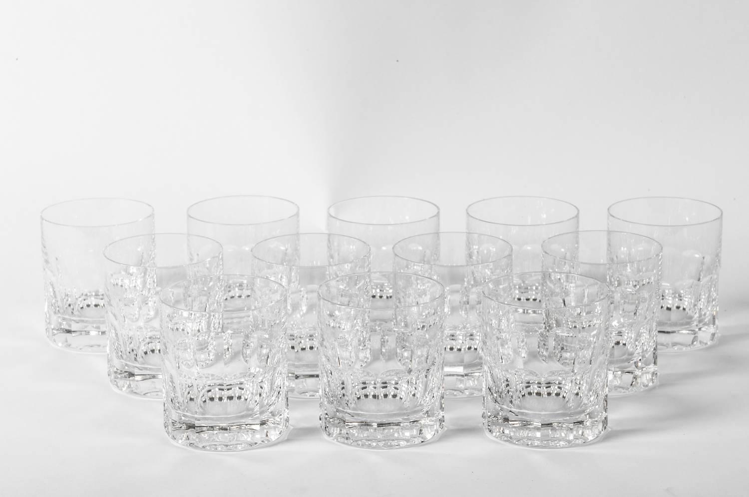 Vintage set of 12 Saint Louis crystal whiskey / scotch glasses. Excellent condition. Each glass measure 3.5 inches high x 3 inches top diameter.