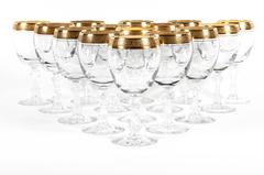 Vintage Set of 14 Wine / Water Crystal Glasses with Gold Ban Design