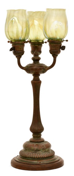 Antique Tiffany Studios Three-Light Favrile Glass Lamp "Pulled Feather Shades"