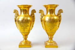 Pair of Old Paris Gilt Porcelain Decorative Vases with Romantic Scenes