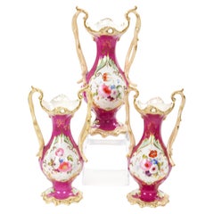 Antique English Porcelain Gilt & Painted Three-Piece Urn / Vase Garniture Set