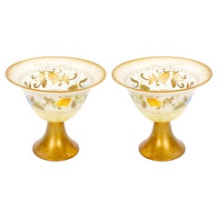 Pair of Mid-Century Modern Italian Venetian Art Glass Gilt & Painted Compotes
