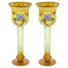 Paar vergoldete und bemalte Kerzenhalter aus italienischem venezianischem Kunstglas im Mid-Century-Modern-Stil