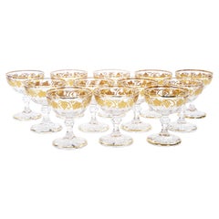 Val Saint Lambert Set of 12 Gilt Gold-Decorated Champagne Coupe Glass Service