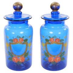 Mid-20th Century Italian Gilt and Hand-Painted Cobalt Blue Glass Apothecary Jars