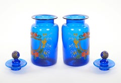 Mid-20th Century Italian Gilt and Hand-Painted Cobalt Blue Glass Apothecary Jars