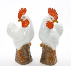 Large Pair of 1930's Chinese Porcelain Rooster Figures / Polychrome Decoration