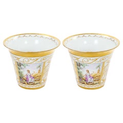 19th Century Hand-Painted Paris Porcelain Cachepots with Gilt Details
