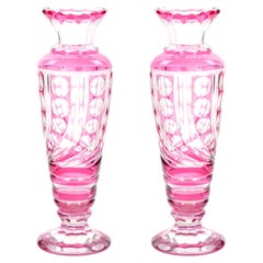 Jarrones de cristal rosa de Val Saint Lambert, de estilo «Mid-Century Modern», decorados con tallados y grabados