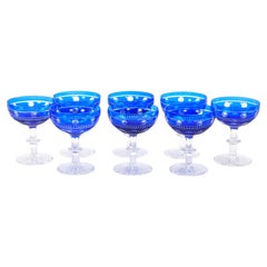 Val Saint Lambert Cobalt Crystal Champagne Coupe Glass, Service For 8 People