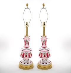 Antique Bohemian Cranberry Crystal, Painted and Gilt Gold Decorated Table Lamp