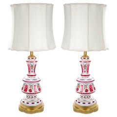 Antique Bohemian Cranberry Crystal, Painted and Gilt Gold Decorated Table Lamp