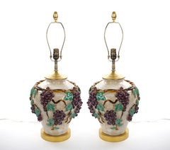 Mid-Century Modern Italian Glazed Ceramic Grape and Vine Table Lamps –Pair