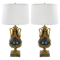 Italian 19th Century Green Marble and Gilt Bronze Louis XVI Style Urn-Form Lamps