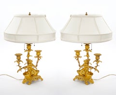 French Pair of Gilt Bronze Louis XVI-Style Three-Light Candelabra Table Lamps