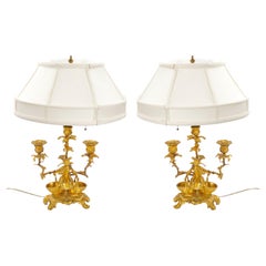 French Pair of Gilt Bronze Louis XVI-Style Three-Light Candelabra Table Lamps