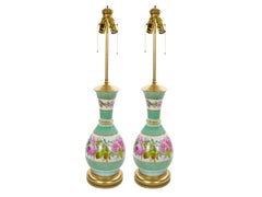 French Pair Neoclassical Floral Paris Porcelain Urns Mounted Lamps, Circa 1800