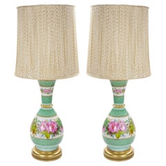French Pair Neoclassical Floral Paris Porcelain Urns Mounted Lamps, Circa 1800
