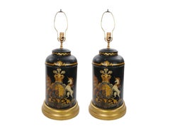 Pair of English Late 19th-Century Black Painted Tole Canister table Lamps