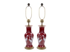 Pair of Mid-20th Century Burgundy Red Porcelain Chinoiserie Heron Table Lamps