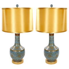 Mid-Century Modern Italian Blue Tapestry-Design Porcelain Table Lamps – Pair