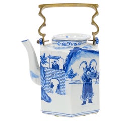 Antique Oversized Blue and White Chinoiserie Porcelain Tea or Coffee Pot
