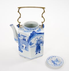 Antique Oversized Blue and White Chinoiserie Porcelain Tea or Coffee Pot