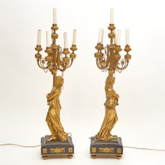 Impressive Pair 19th Century Gilded Bronze Ormolu Six-Light Figural Candelabra