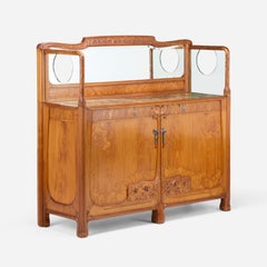 Credenza d’epoca in stile Art Nouveau in rovere e mogano con pannello posteriore a specchio