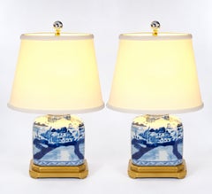 20th Century Blue / White Chinoiserie Porcelain Wood Base Pair of Table Lamps