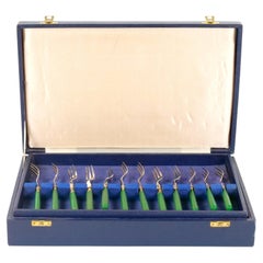 English Sheffield Fish Cutlery Service Green Handles in Original Fitted Box