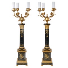 20th-Century Italian Neoclassical Style Black Gilt Painted Wood Torchiere Lamps